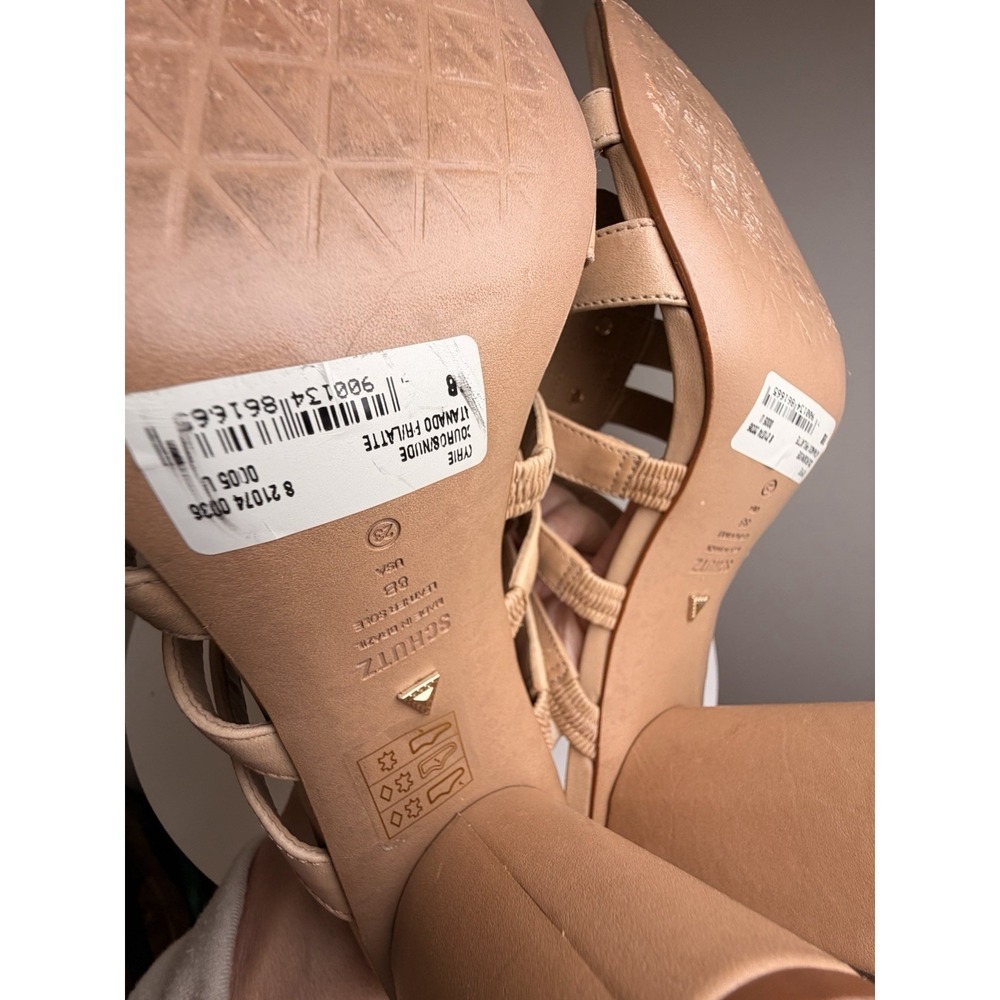 Schutz Kyrie Studded Cage Sandals Tan Leather Block Heel Ankle Strap 8 Gladiator - Picture 12 of 14